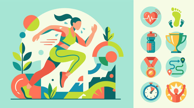Flat vector illustration of a woman running or sprinting outdoors with fitness tracking icons including a heart rate monitor, water bottle, trophy, medal, stopwatch, and route map.