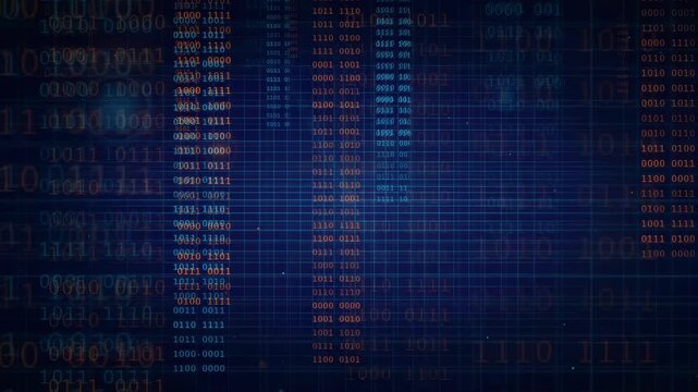 Abstract Digital Binary Code Background with Glowing Blue Data Streams and Matrix Effect