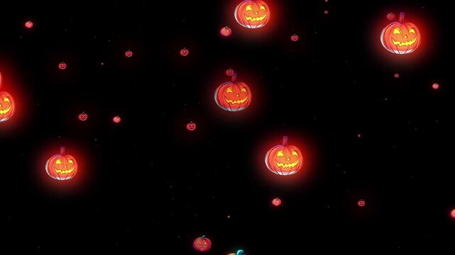 Halloween pumpkin animation flying on black background. Glowing jack o lantern falling and rising in a seamless loop overlay with red sparkles.