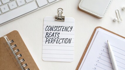 Obraz premium Inspirational quote about consistency over perfection on a desk with notepad, keyboard, and stationery elements