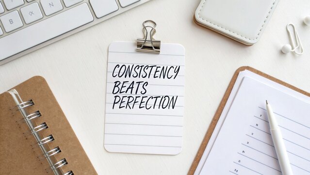 Inspirational quote about consistency over perfection on a desk with notepad, keyboard, and stationery elements