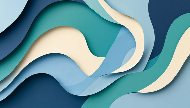 Layered paper cut style background, with smooth flowing, waves in shades, of blue, teal, and cream, soft, shadows and depth effect