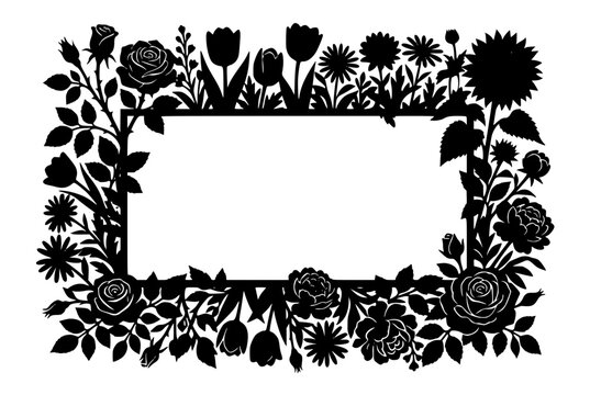 Black Floral Silhouette Frame with Roses Tulips and Daisies