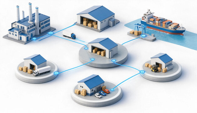 Global supply chain logistics network infographic showing factories warehouses and shipping routes with connected distribution hubs