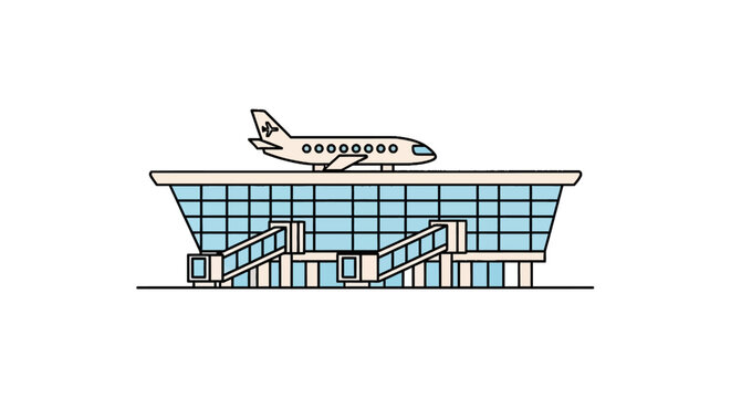 Modern airport terminal building with airplane and jet bridges