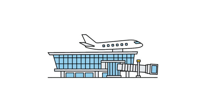 Airport terminal illustration with jet bridge and commercial plane