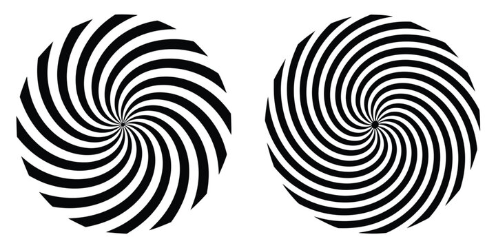 Hypnotic spiral optical illusion vector illustration set isolated on white background psychedelic swirl circular graphic element for design layout