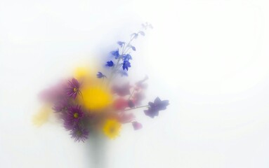 Obraz premium Abstract floral background with colorful flowers behind frosted glass