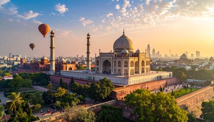 Fototapeta premium Majestic Taj Mahal at Sunrise - A Timeless Wonder of India.