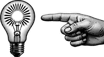 Vintage-style woodcut engraving illustration of a hand with an extended index finger pointing directly toward a glowing incandescent light bulb on a white background. © fepro
