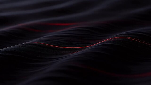 Abstract black wavy surface with smooth red curves in a dark setting