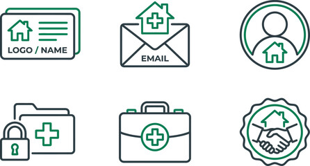 Fototapeta premium Set of medical and healthcare icons including business card email profile folder first aid kit and handshake for clinic or hospital branding flat vector design