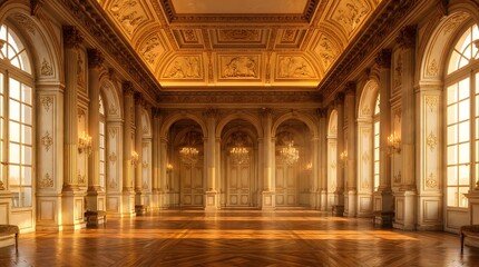 Obraz premium Palace ballroom with symmetrical architecture and golden lighting interior hour ornate historical grand hall