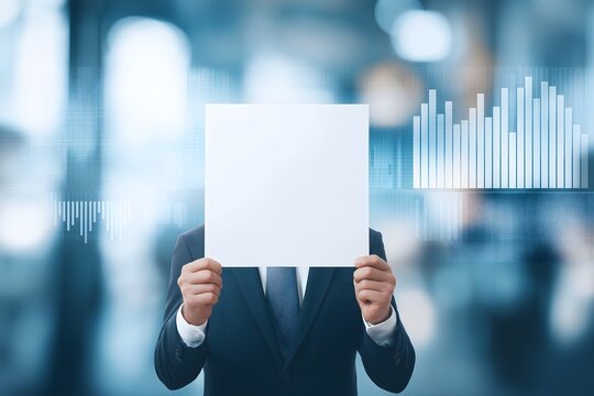 A person dressed in a suit holds a blank white sign in front of their face against a backdrop of digital financial charts.