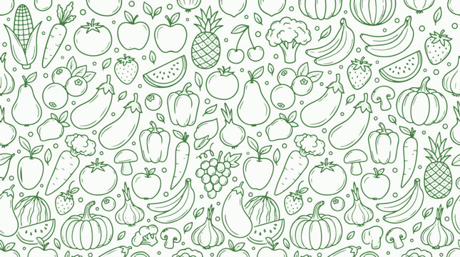 Seamless vector pattern featuring minimalist green outline doodles of various fruits and vegetables, creating a detailed background texture perfect for healthy food and grocery branding.