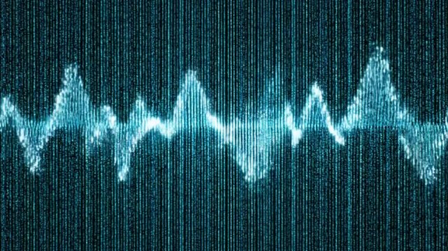 Abstract sound wave of light blue color displaying audio frequency patterns against a digital background with falling binary code