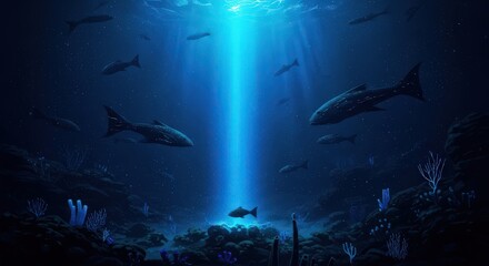 Obraz premium Underwater scene, ocean fish, coral reef, blue sunlight beam