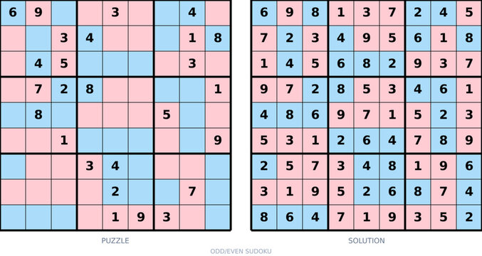 Sudoku puzzle series with, initial clues, and complete solutions. Clean vector illustration for activity books, brain teasers, and printable worksheets