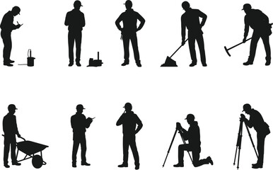 Naklejka premium Silhouettes of construction workers and surveyors performing various tasks on a white background vector