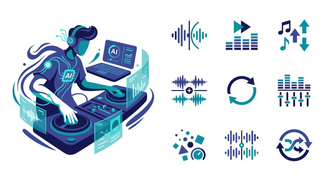 Flat vector illustration of an artificial intelligence DJ at a digital turntable station with integrated audio software interfaces, sound wave icons, and music production elements.