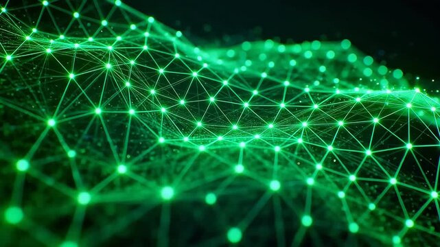 Digital network structure with glowing green nodes and connecting lines on dark background