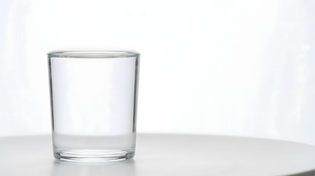 Plain clear glass filled exactly to brim with water showing surface tension meniscus in morning light on white surface, contentment enough gratitude states of mind concept art 