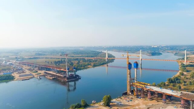 Murom, Russia. Construction of a bridge across the Oka River. Highway M-12 Moscow-Nizhny-Novgorod-Kazan. Drone footage, Point of interest