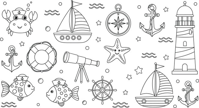 Nautical and Marine Life Line Icon Set with Sailboats, Lighthouse, Anchor, Compass, Telescope, Lifebuoy, Cute Sailor Crab, and Cartoon Fish Symbols