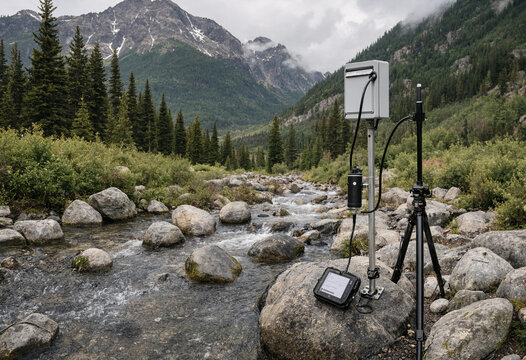 Scientific water monitoring equipment with a sensor and data logger installed in a rocky mountain stream with forest background