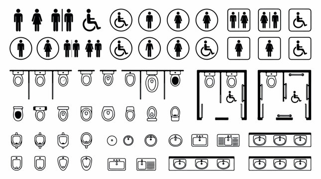 Public restroom floor plan symbols and toilet icons set, architectural bathroom layout elements, black and white washroom signage vector