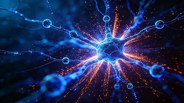 Blue glowing neurons with radial connections on dark background