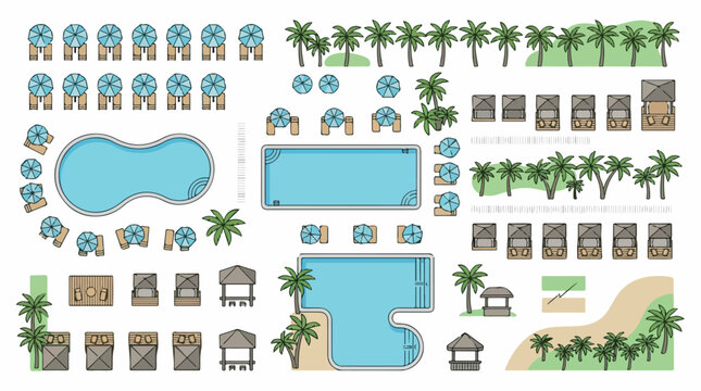Tropical resort map elements vector set, luxury hotel swimming pool and beach club icons, palm trees and lounge chairs for site planning