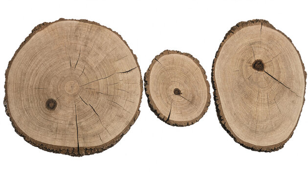 Three circular cross-sections of tree trunks showing visible growth rings and cracked bark textures isolated on a plain white background surface