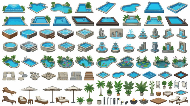 Isometric swimming pool and garden landscape set, luxury backyard water features and outdoor furniture collection, 80 vector icons for patio design
