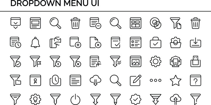 Dropdown Menu UI Line Icon Set With Filter Search Settings Actions And Navigation Symbols