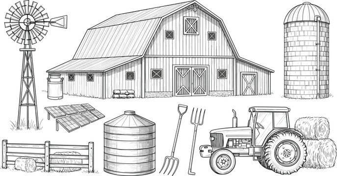 Vintage Agriculture and Farming Engraving Style Illustration Set with Wooden Barn, Tractor, Windmill, Grain Silo, and Rural Countryside Equipment Sketch Vectors