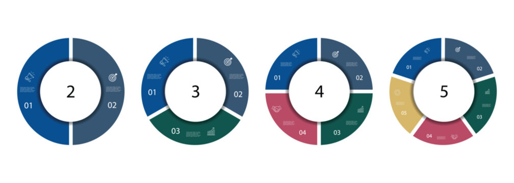 Circle diagram infographic set. Rotation round cycle vector scheme process template. 2, 3, 4, 5 parts. Process chart, cycle diagram for business presentation, report, brochure.