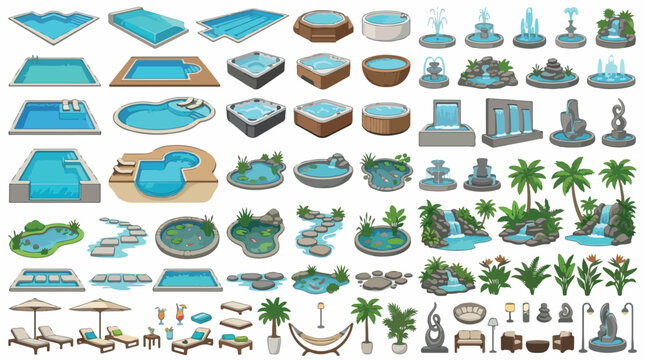 Swimming pool and garden landscape elements, isometric outdoor fountain and hot tub collection, backyard water feature vector set for architectural design