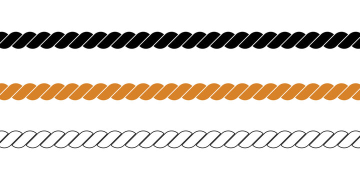 Rope vector icon.  Brushes rope patterns. Minimal twisted rope borders in black , colour and white, decorative nautical elements useful for design, framing, and graphic layout concepts.