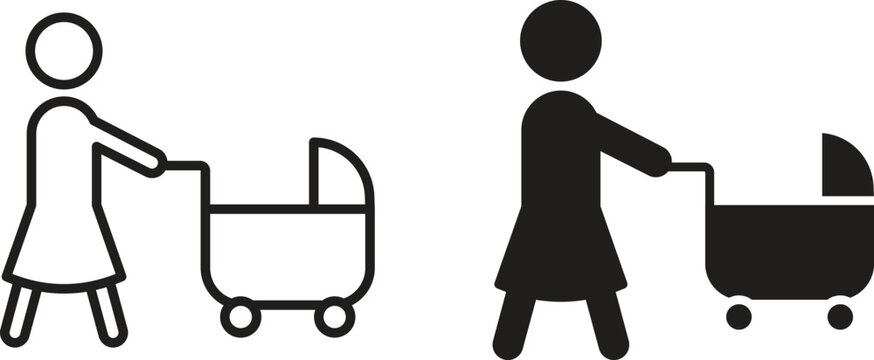 Woman with Baby Stroller icon collection. Minimal icon and symbol