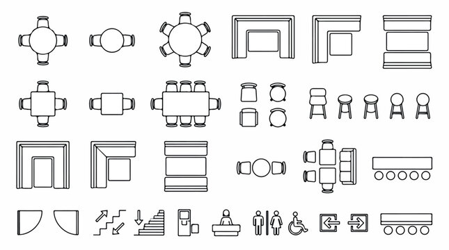 Architectural floor plan symbols for interior design, 24 furniture icons and layout elements, top view restaurant and office seating vector set