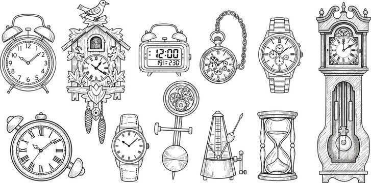 Vintage Clocks and Timepieces Engraving Style Illustration Set with Cuckoo Clock, Grandfather Clock, Alarm Clocks, Wristwatches, and Hourglass Sketch Vectors