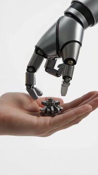 Robotic Hand Placing Mechanical Gear Into Human Palm