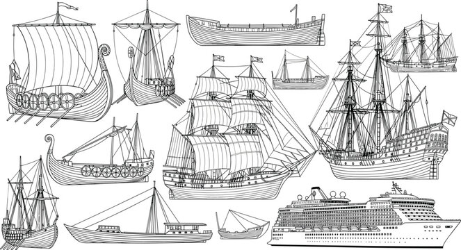 Vintage Historical Ships Engraving Style Illustration Set with Viking Longships, Galleons, Caravel Sailing Boats, and Modern Cruise Liner Sketch Vectors