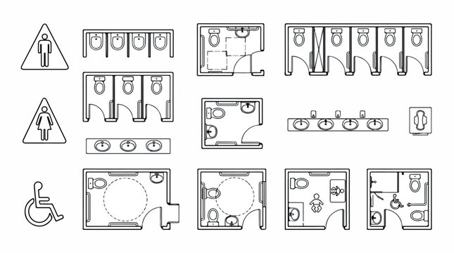 Public restroom floor plan icons, architectural toilet layout symbols for CAD and interior design, bathroom stalls and accessible washroom vector set