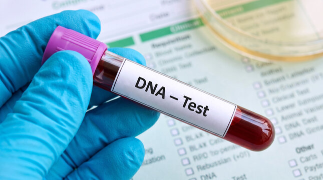 Gloved Hand Holding DNA Test Blood Sample Tube Over Medical Request Form