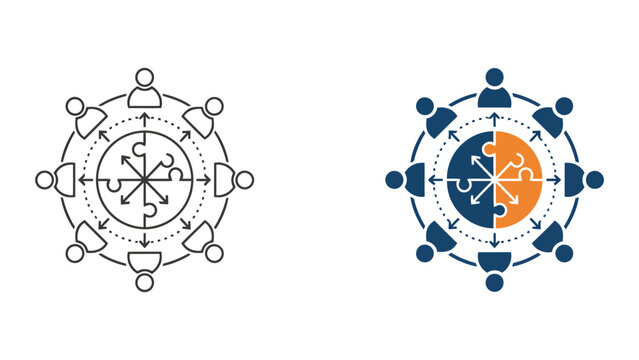 Team unity and collaborative brainstorming icon set showing people around central puzzle circle representing unified project management and integrated group effort in outline and flat color styles