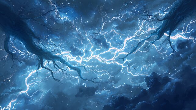 Powerful lightning web illuminating a dark blue nocturnal sky with swirling clouds and trees