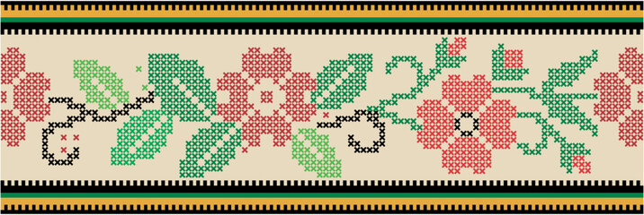 Geometric textile decorative pattern vector illustration design featuring floral motifs in teal, turquoise, and white with cross-stitch style for fabric, embroidery, and cultural art resources © Hassan