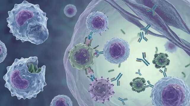 Microscopic immunity defense mechanism, visualizing cellular response, phagocyte engulfing bacterium, antibody attacking viral particle, lymphocyte protecting organism.